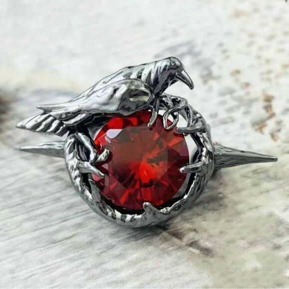 Gothic Raven Brooch Red Ruby accent, Silver Tone, Engraved detailing - Picture 1 of 3
